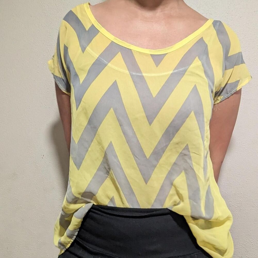 Sheer Women's medium Grey and Yellow Chevron Blouse with open back EUC